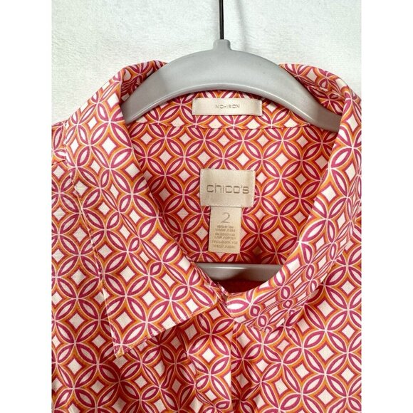 Chicos Effortless Beatrice Top Womens 2/Large Pink Red Batik Circles No Iron - Picture 3 of 9
